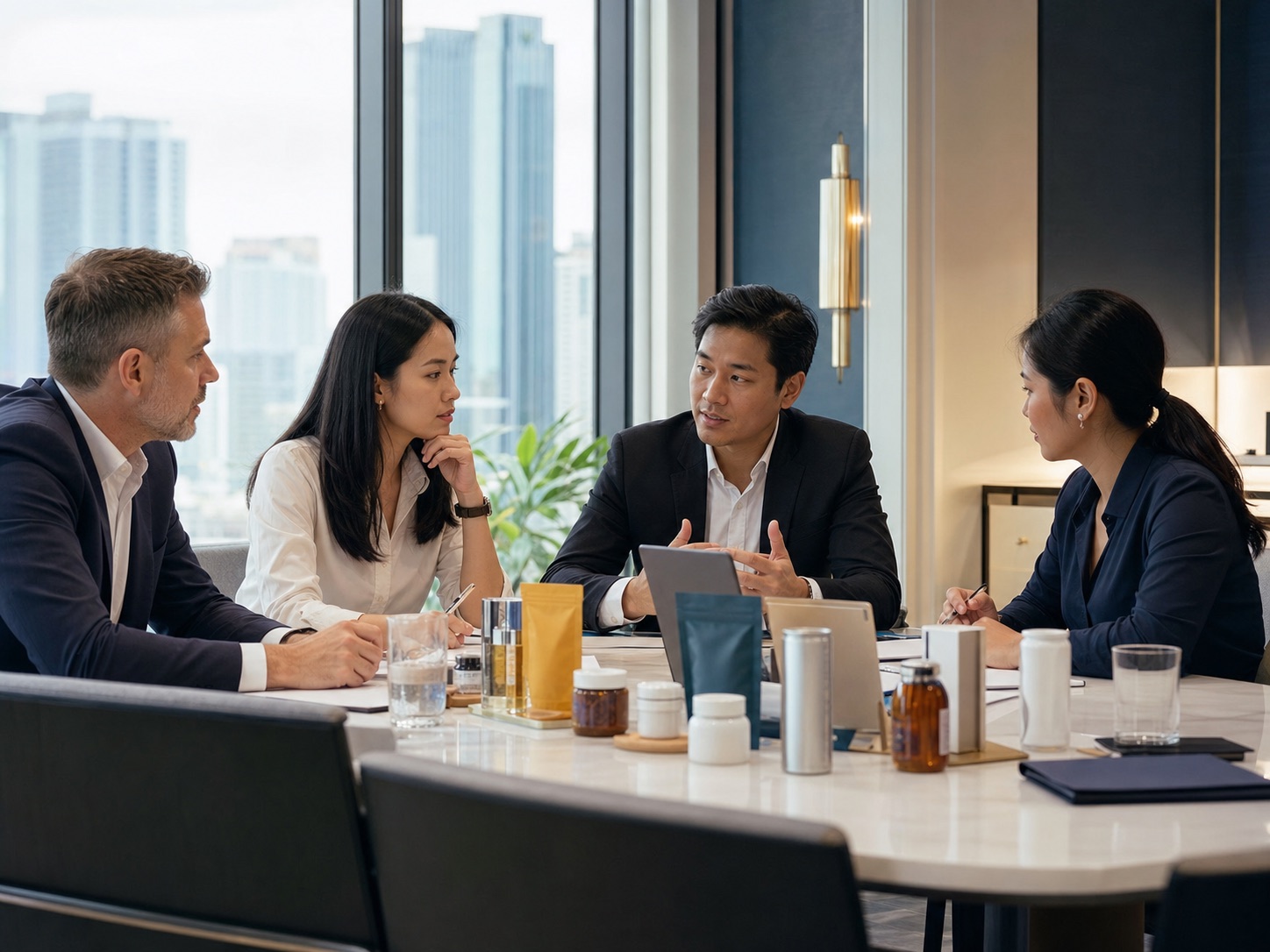 International brand representatives and Thai advisers discussing consumer products